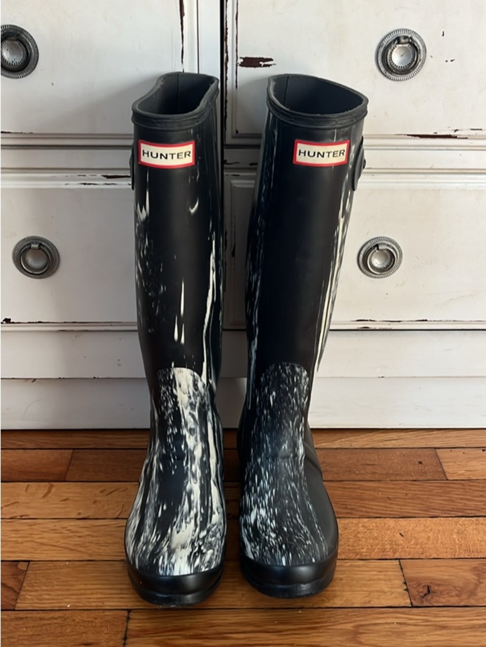 Hunter Black Rain Boots with White Marble Splatter